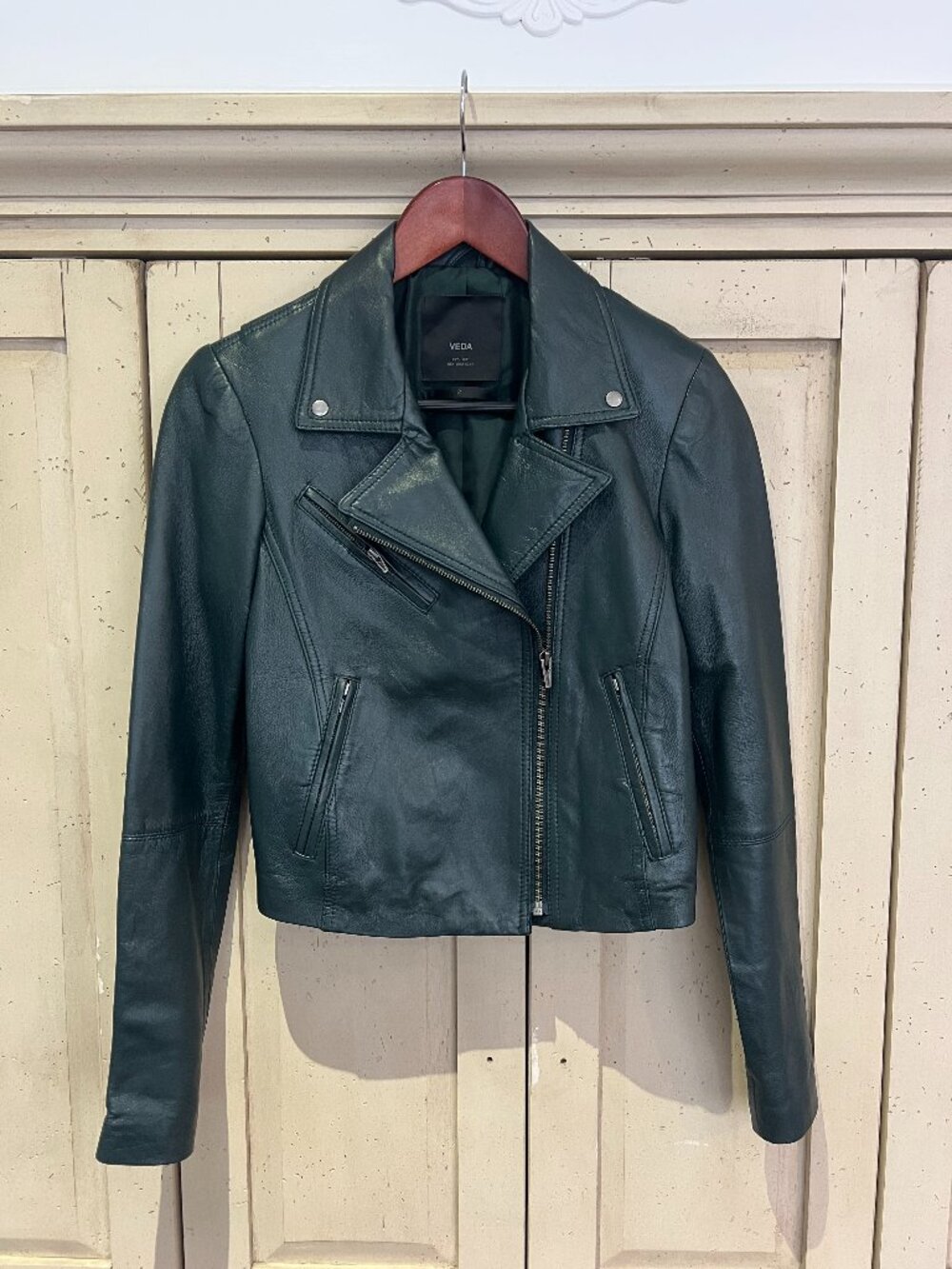 VEDA Leather Moto Jacket Forest Green Cropped Asymmetric Zip Silk Lined XS